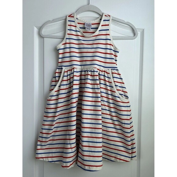 Hanna Andersson Racerback Skater Dress Sz US 6-7 Striped Red White Blue Pockets - Picture 1 of 7